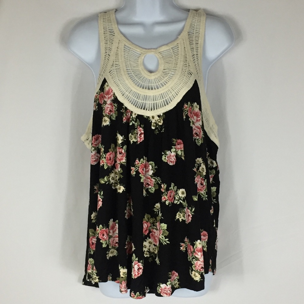 Boho Casual Top Black Floral and Off White Neck Line